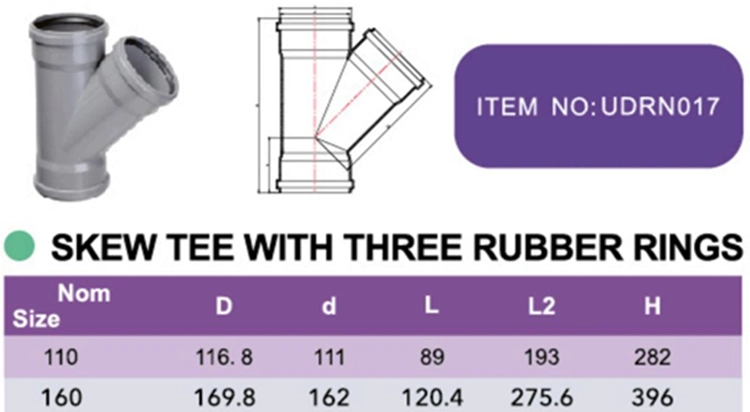 Era UPVC/PVC/Plastic Drainage Fittings with Gasket Skew Tee with Three Rubber Rings